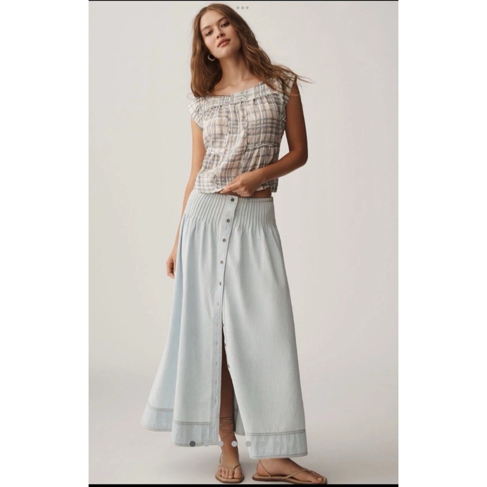 Anthropologie Pilcro Pintuck Basque Waist Denim Maxi Skirt Large Boho Western - Picture 3 of 13